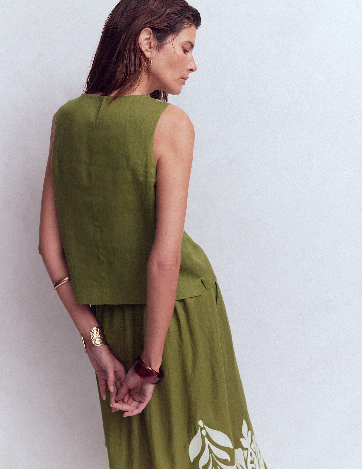 Sofia Embroidered Linen Top-Winter moss, Ivory EMB