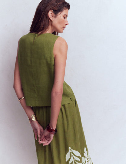 Sofia Embroidered Linen Top-Winter moss, Ivory EMB-4