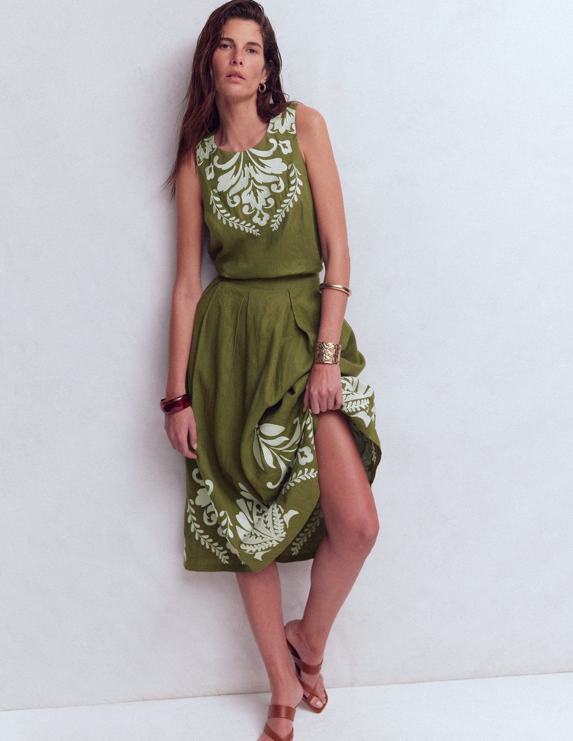 Sofia Embroidered Linen Top-Winter moss, Ivory EMB-5