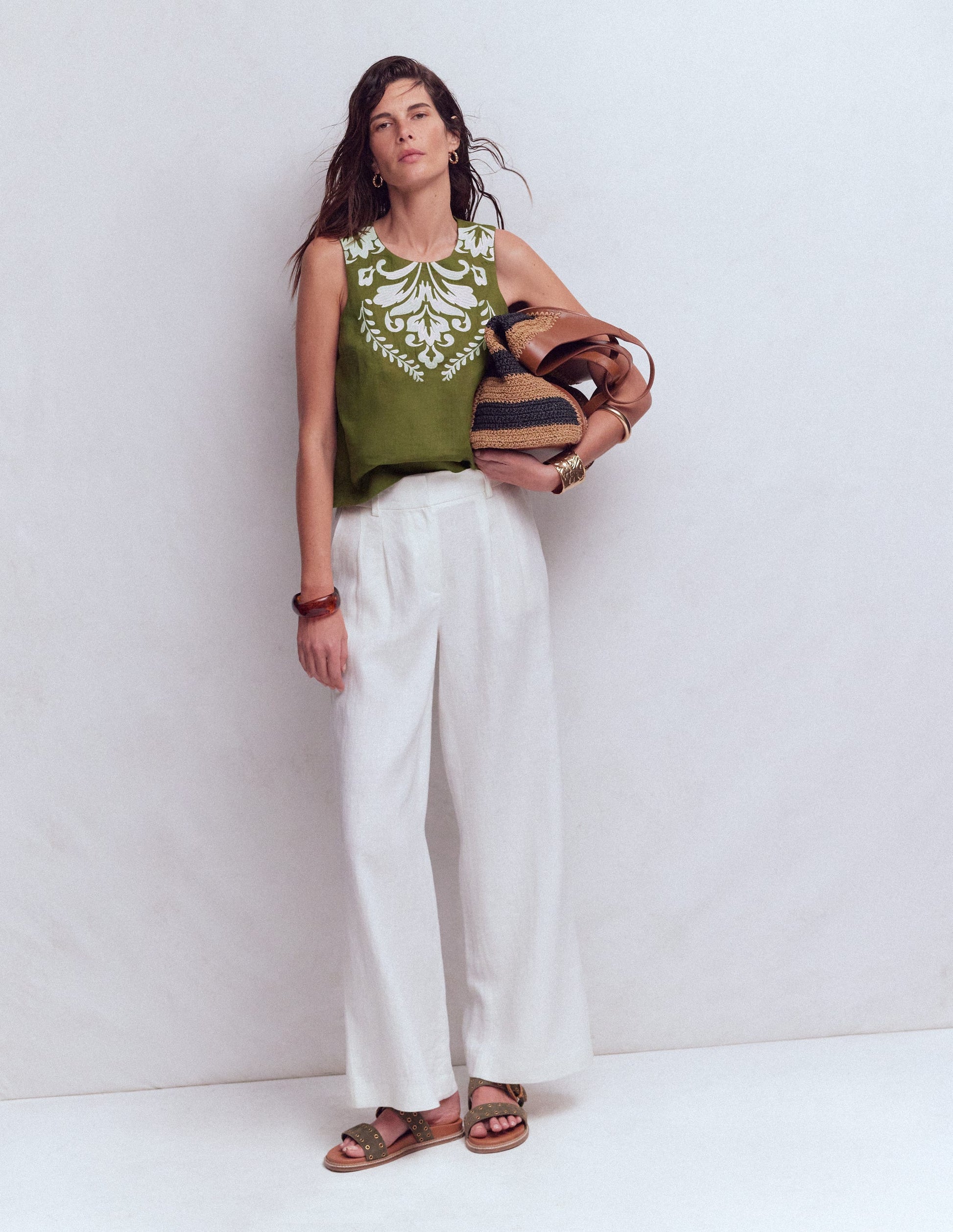 Sofia Embroidered Linen Top-Winter moss, Ivory EMB-7