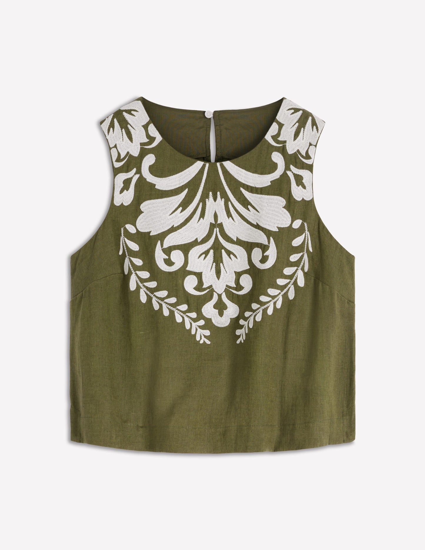 Sofia Embroidered Linen Top-Winter moss, Ivory EMB