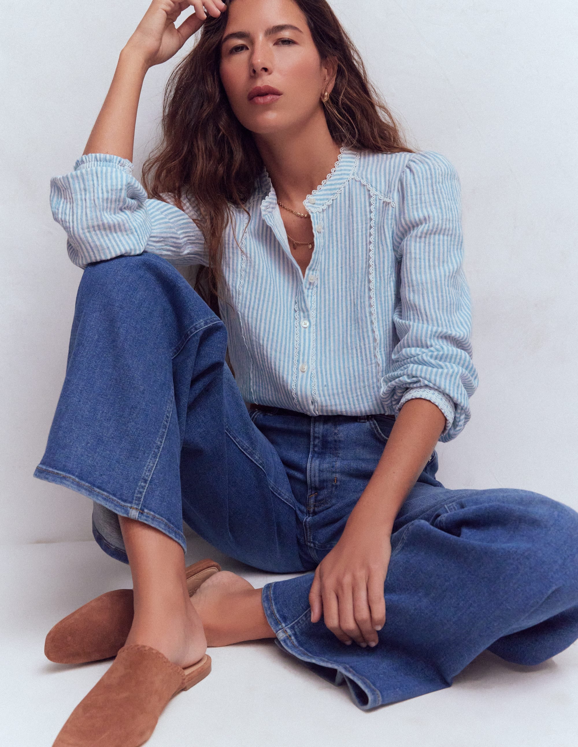 Rhea Trim Doublecloth Top-French Blue and Ivory Stripe - Image 1