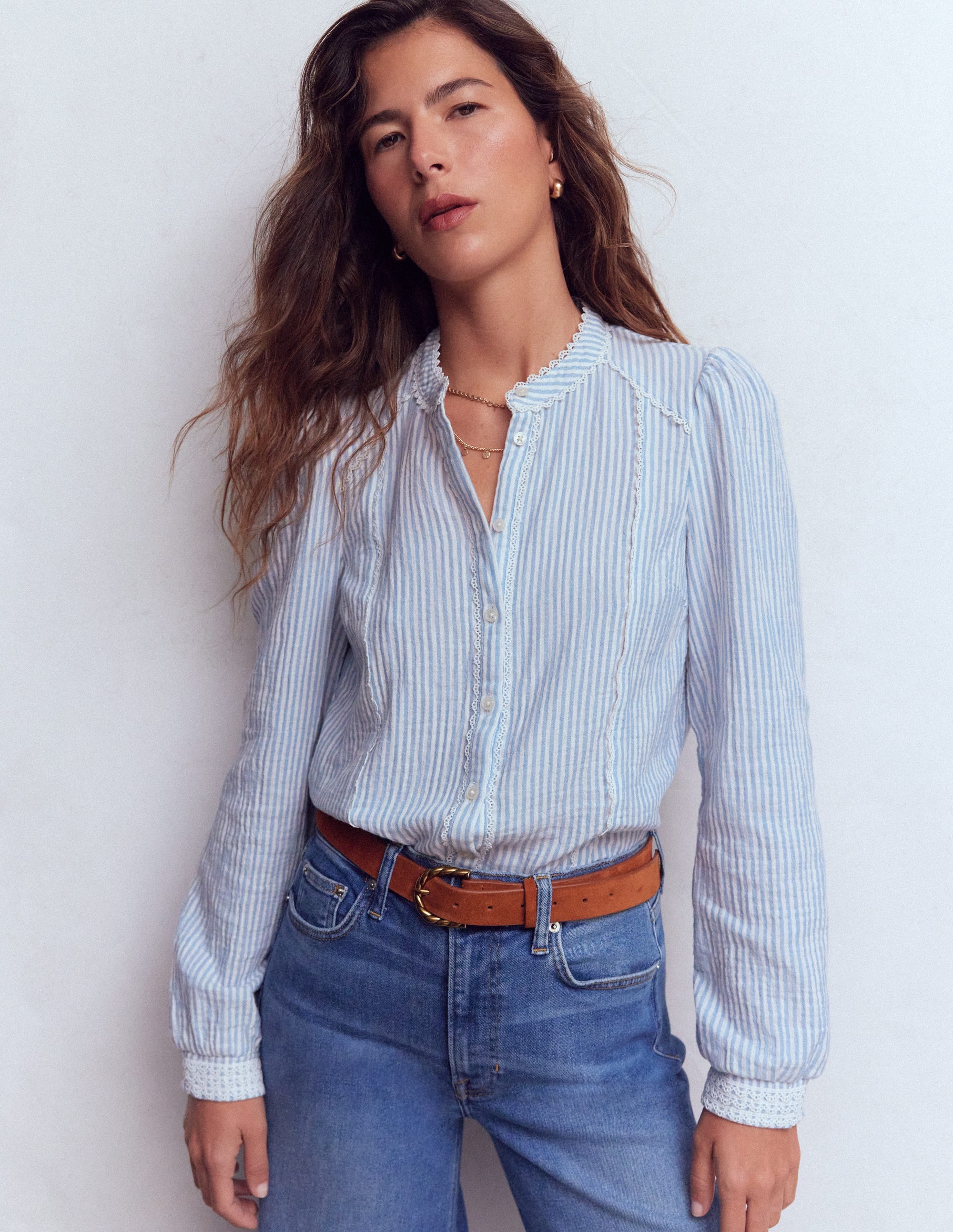 Rhea Trim Doublecloth Top-French Blue and Ivory Stripe - Image 4