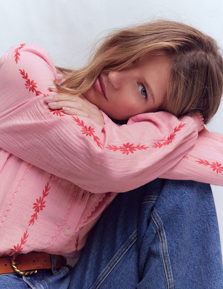 Rhea Trim Doublecloth Top-Formica Pink Embroidery