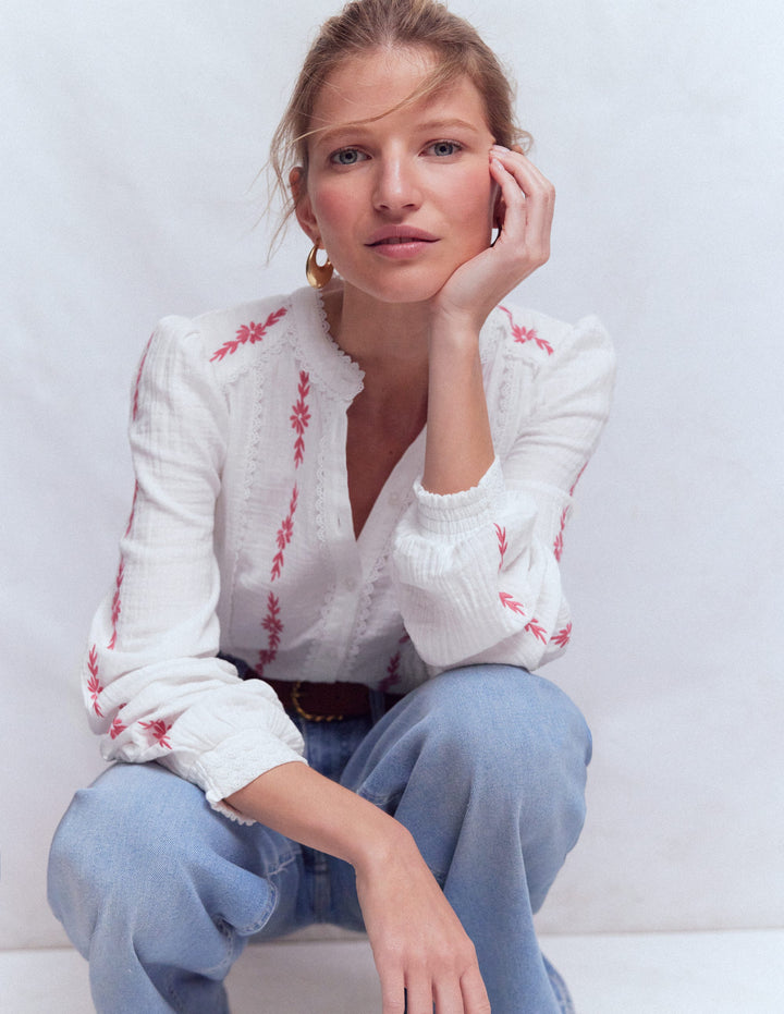 Rhea Trim Doublecloth Top-White Cherry Blush Floral