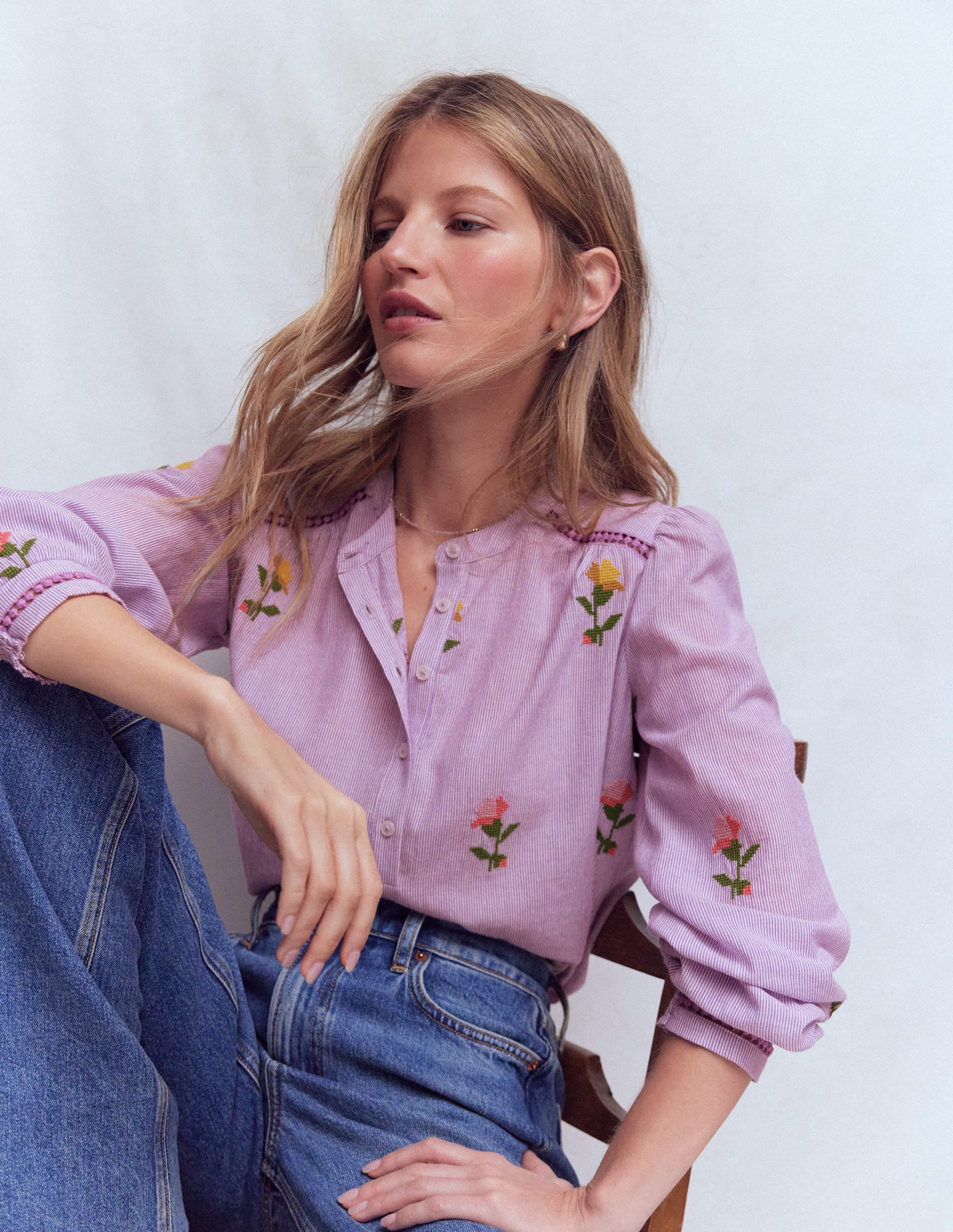 Embroidered Trim Interest Top-Purple Stripe Embroidery - Image 1
