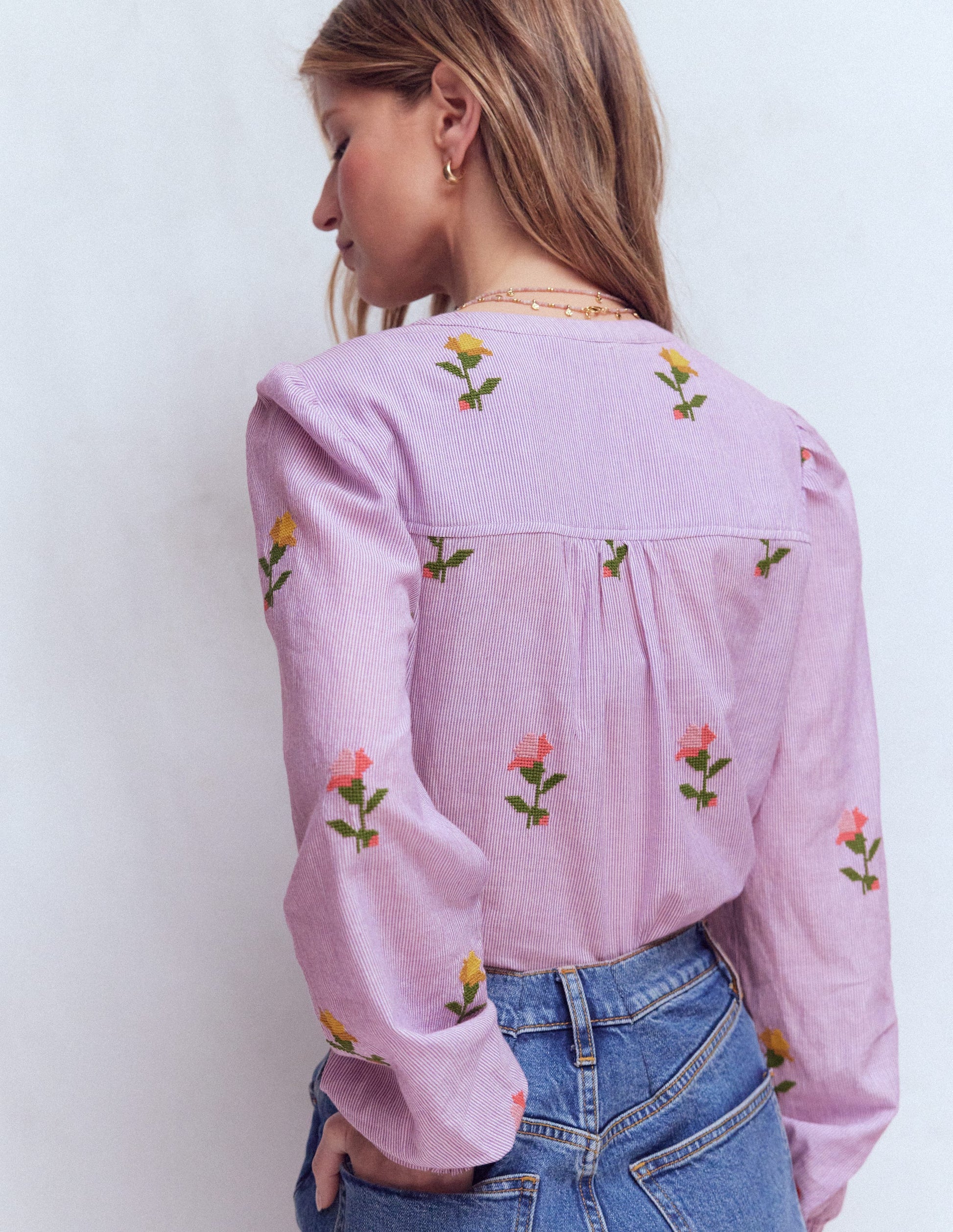 Embroidered Trim Interest Top-Purple Stripe Embroidery-4