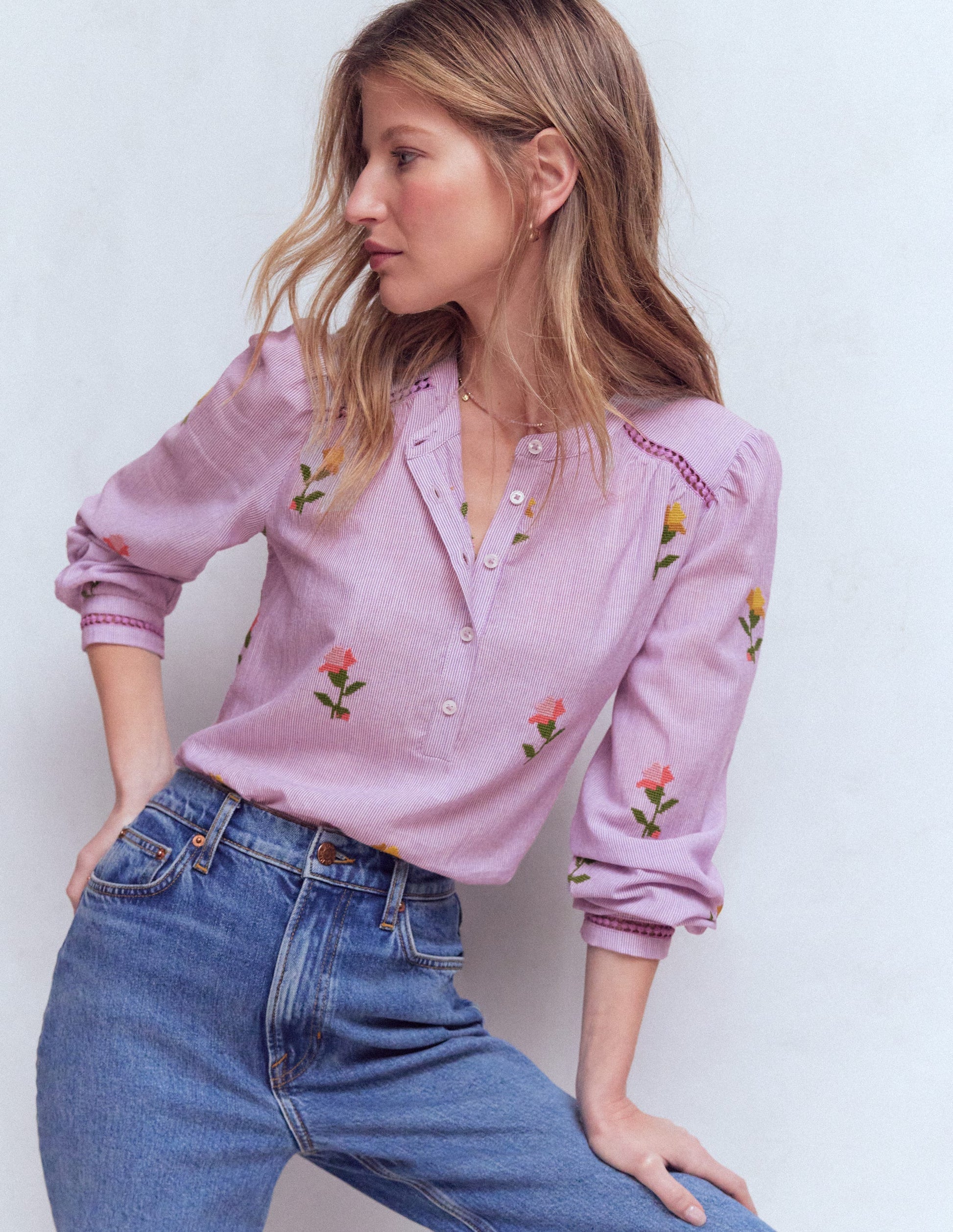 Embroidered Trim Interest Top-Purple Stripe Embroidery-5