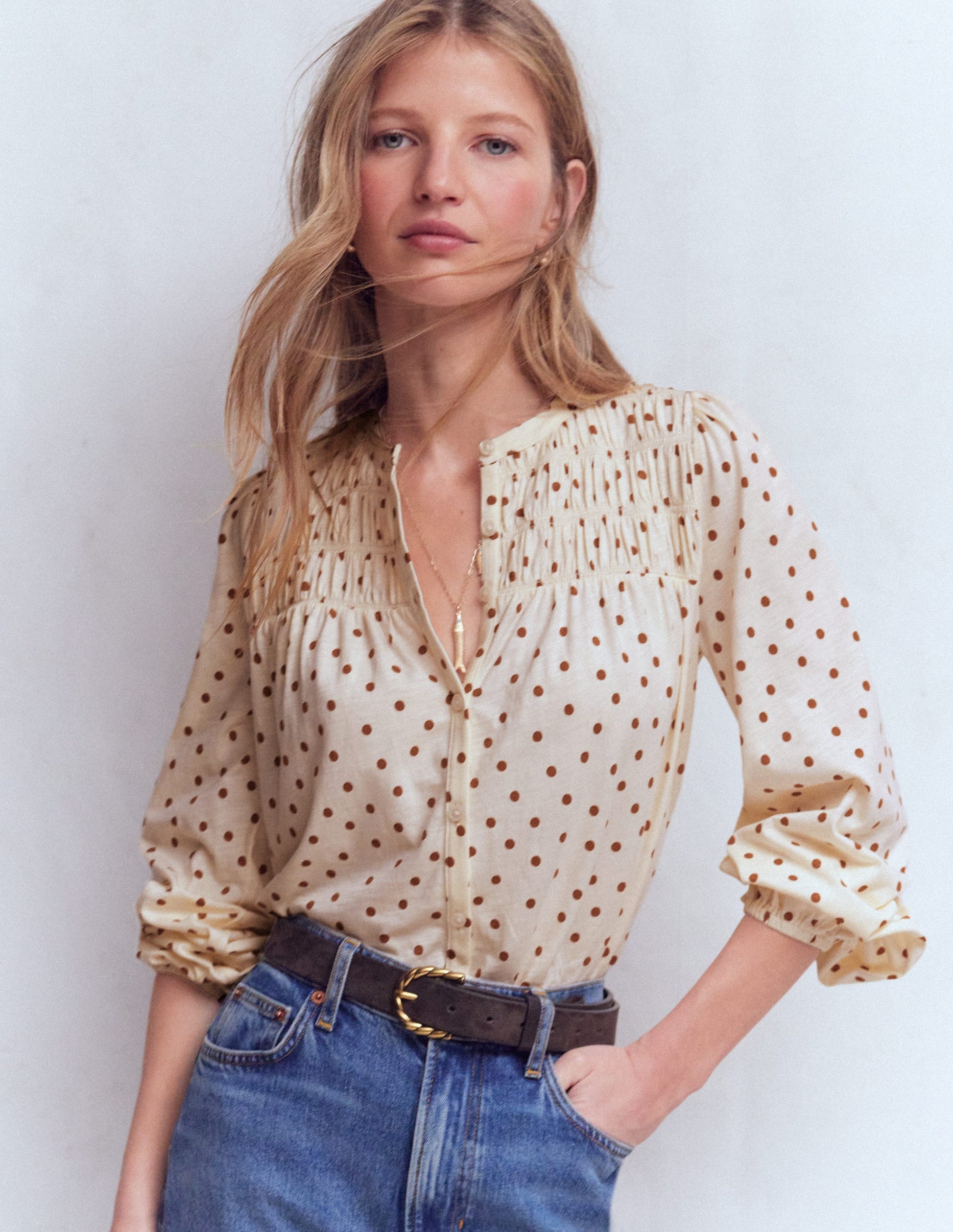 Mya Smocked Jersey Shirt-Ginger, Painted Spot-3