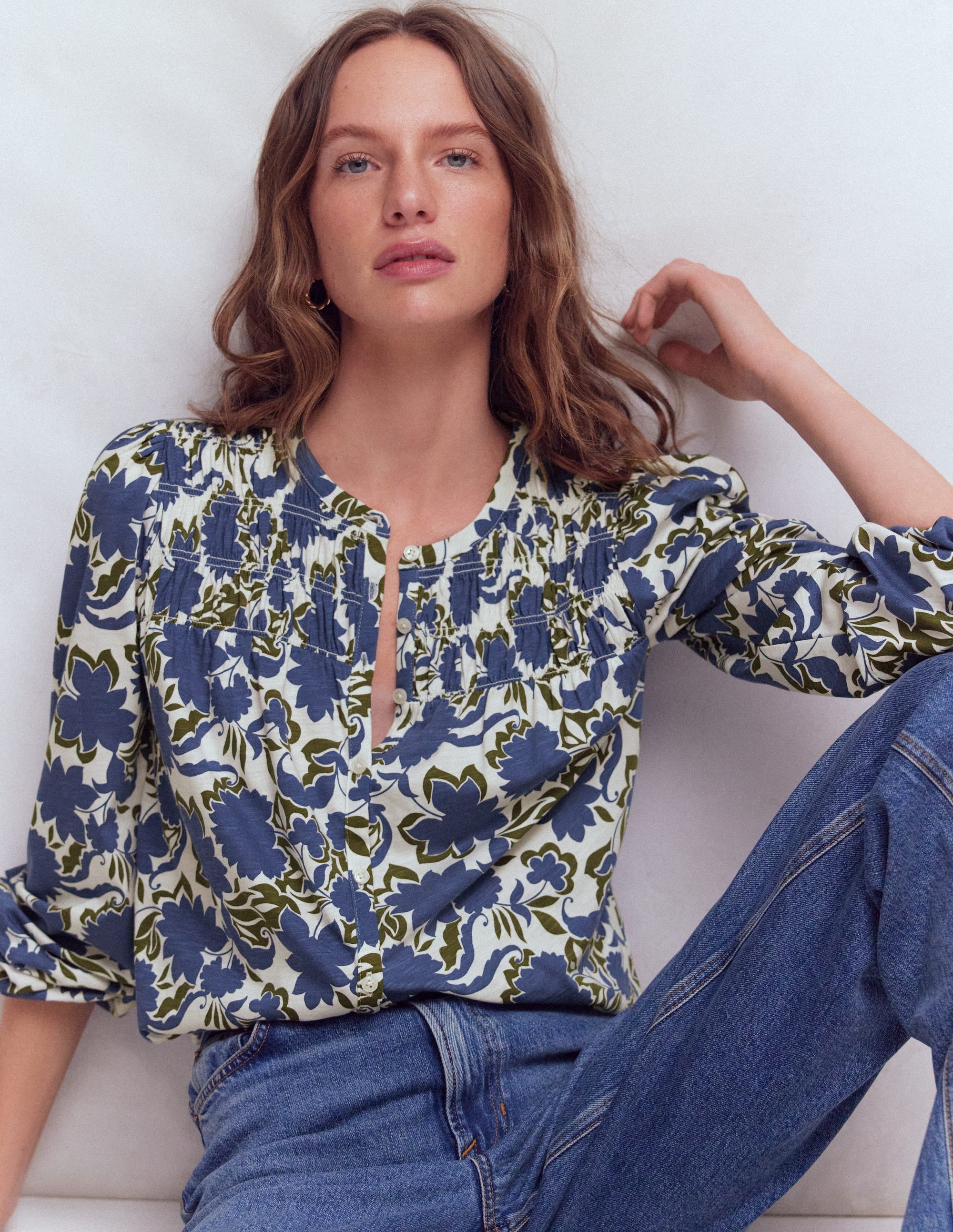 Mya Smocked Jersey Shirt-True Navy, Shadow Blossom - Image 1