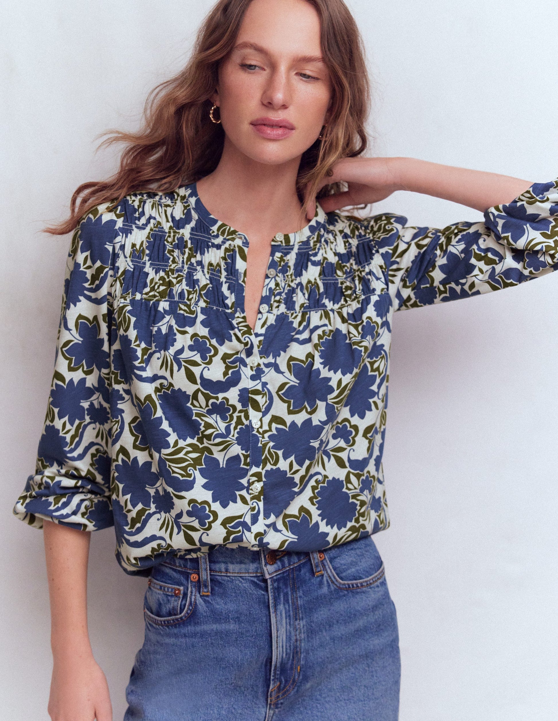 Mya Smocked Jersey Shirt-True Navy, Shadow Blossom-4