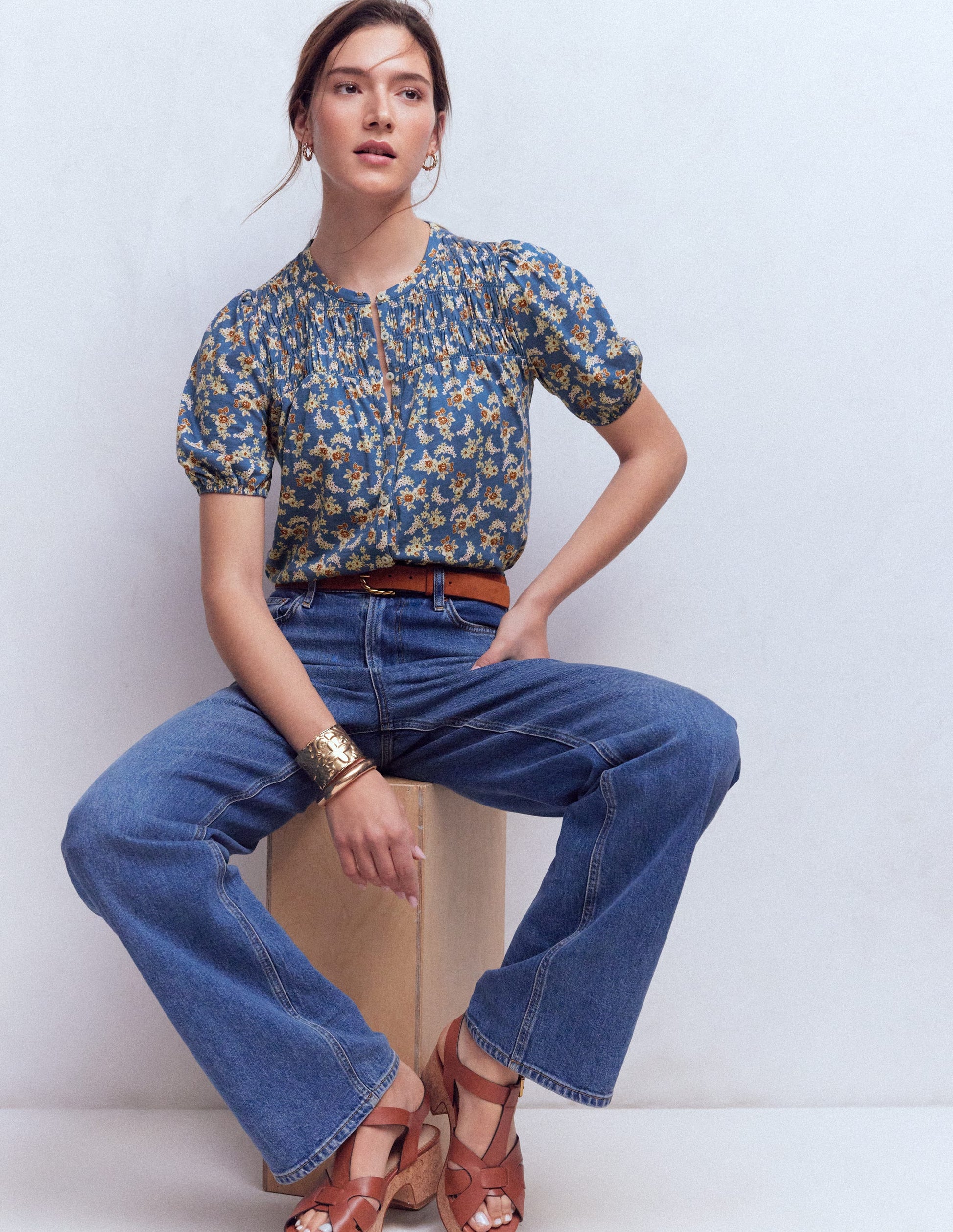 Mya Short Sleeve Smocked Shirt-True Navy, Dainty Blooms-2