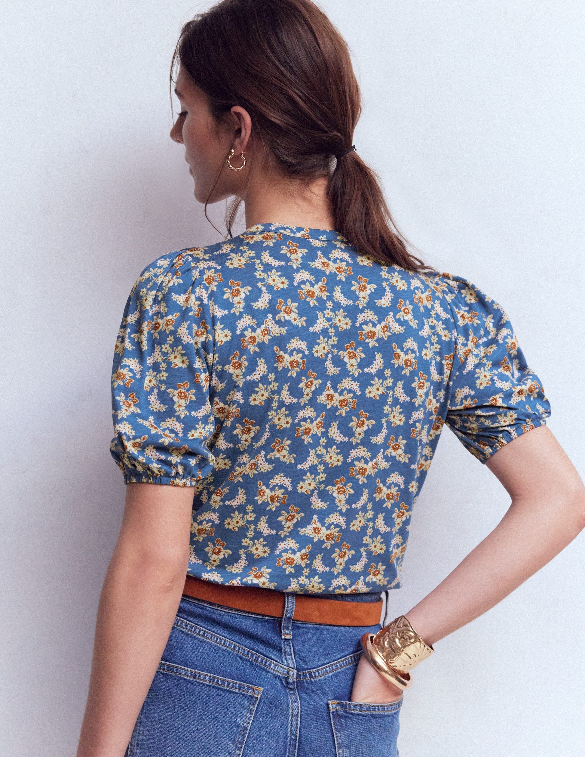 Mya Short Sleeve Smocked Shirt-True Navy, Dainty Blooms-4