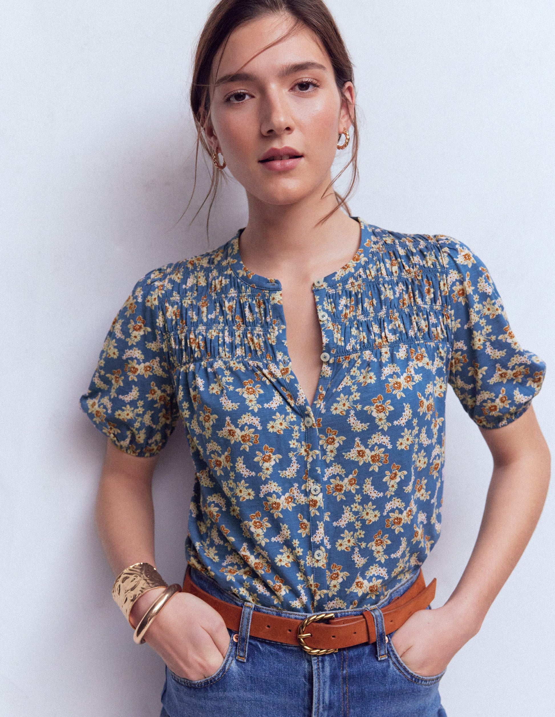 Mya Short Sleeve Smocked Shirt-True Navy, Dainty Blooms-5