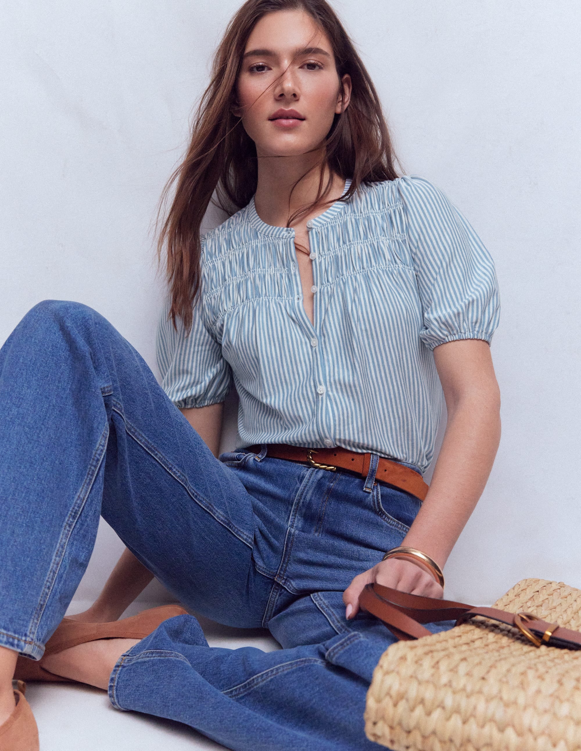 Mya Short Sleeve Smocked Shirt-French Blue and Ivory Stripe - Image 1