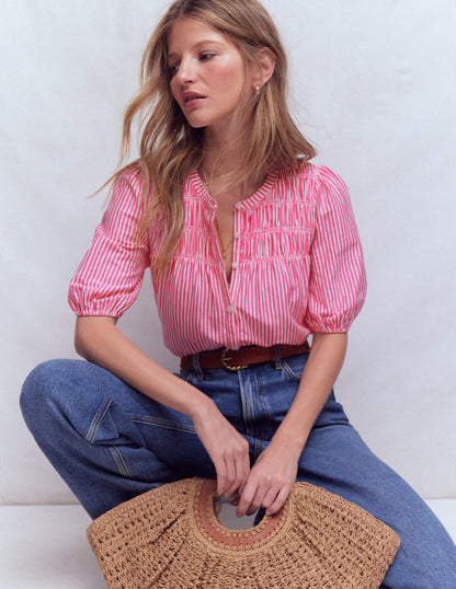 Mya Short Sleeve Smocked Shirt-Pink Punch and Ivory Stripe-1