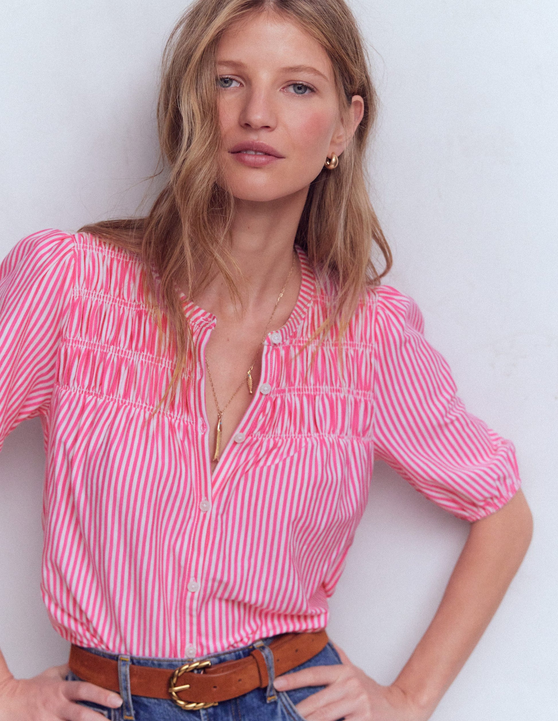 Mya Short Sleeve Smocked Shirt-Pink Punch and Ivory Stripe-3