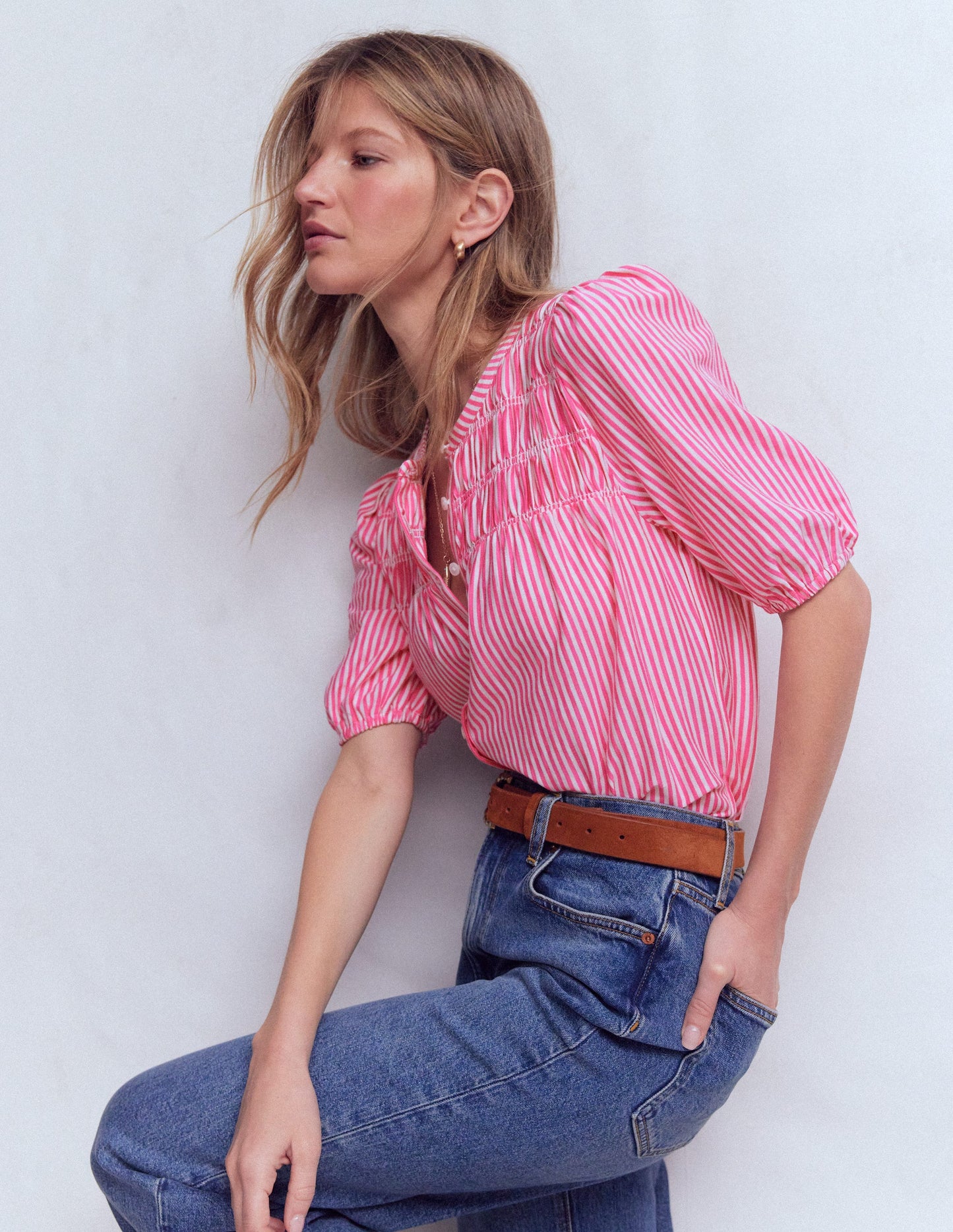 Mya Short Sleeve Smocked Shirt-Pink Punch and Ivory Stripe