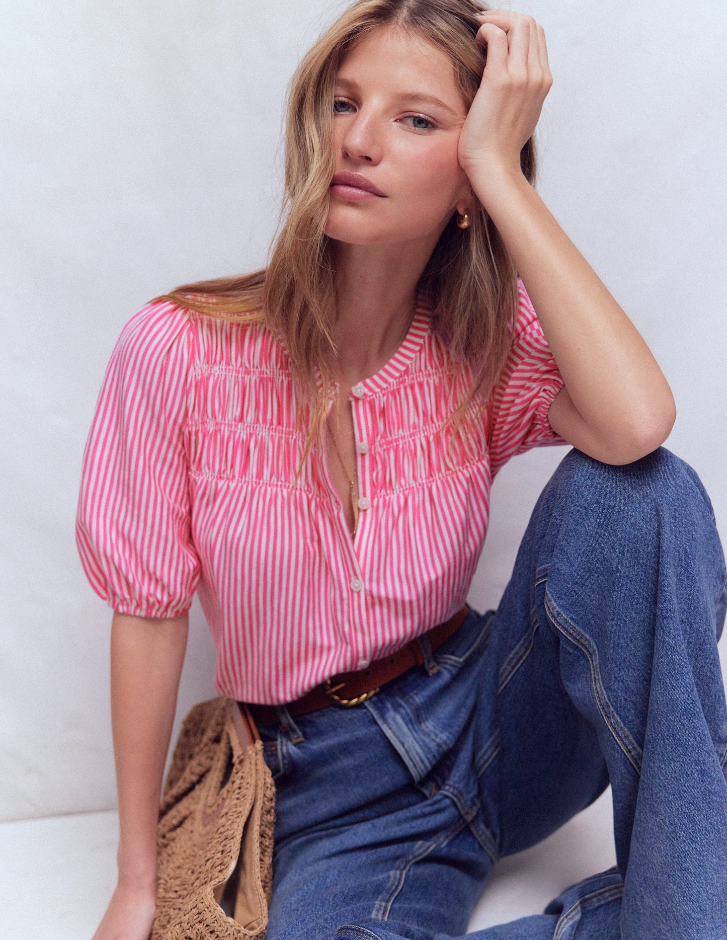 Mya Short Sleeve Smocked Shirt-Pink Punch and Ivory Stripe