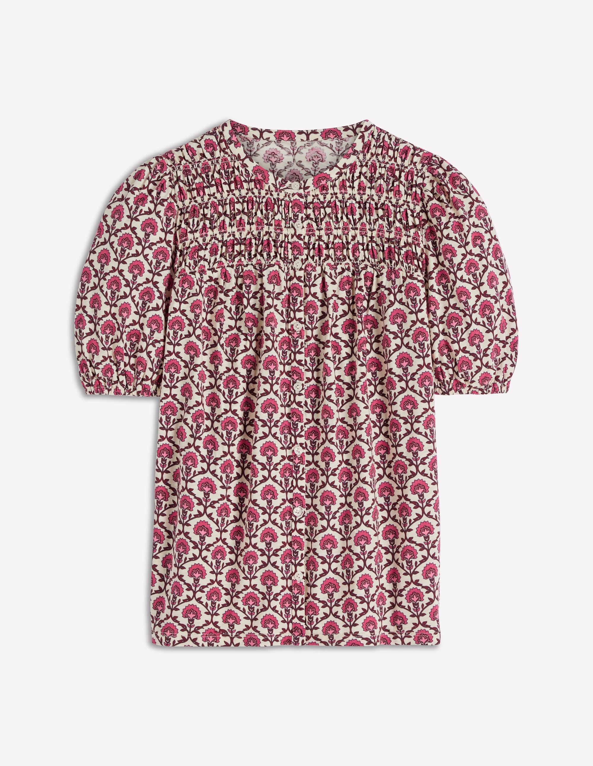 Mya Short Sleeve Smocked Shirt-Strawberry Pink,Flower Lattice - Image 5