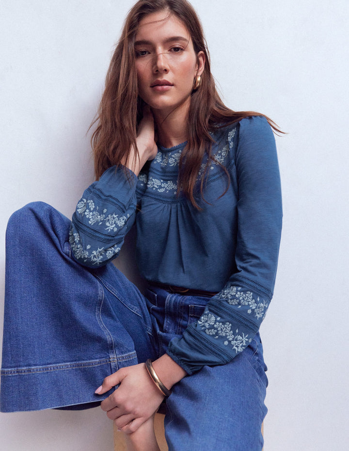 Rosie Embroidered Jersey Top-True Navy