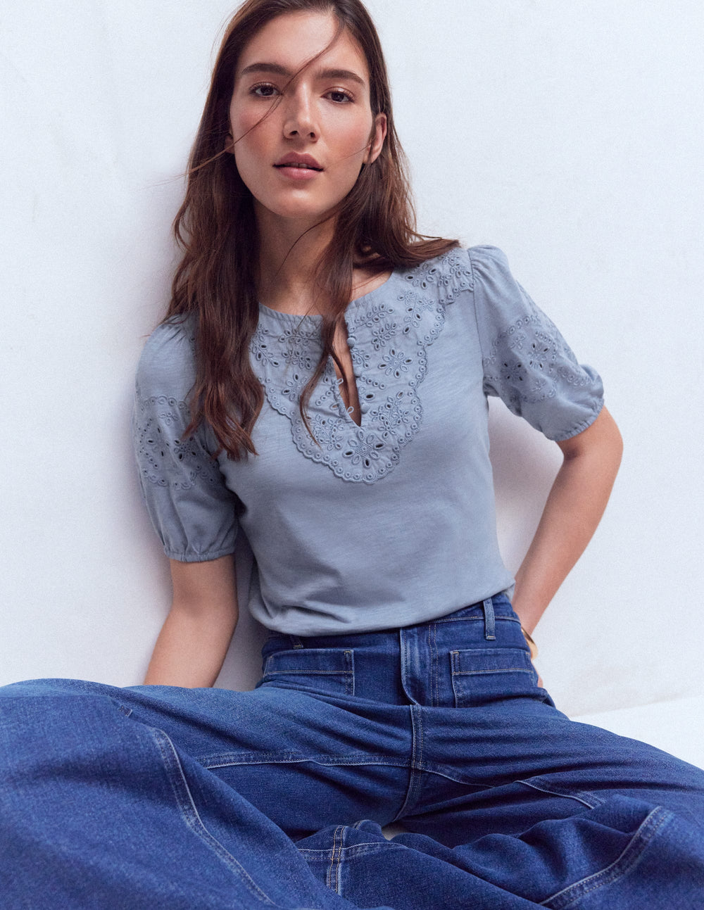Wsum 1000 Ada Broderie Mix Top - French Blue | Boden UK