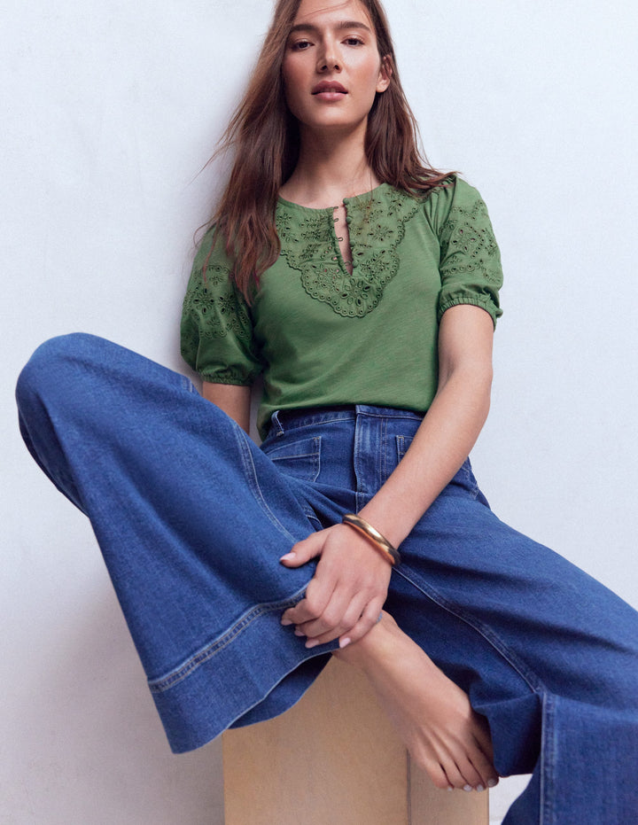 Ada Broderie Mix Top-Willow Green