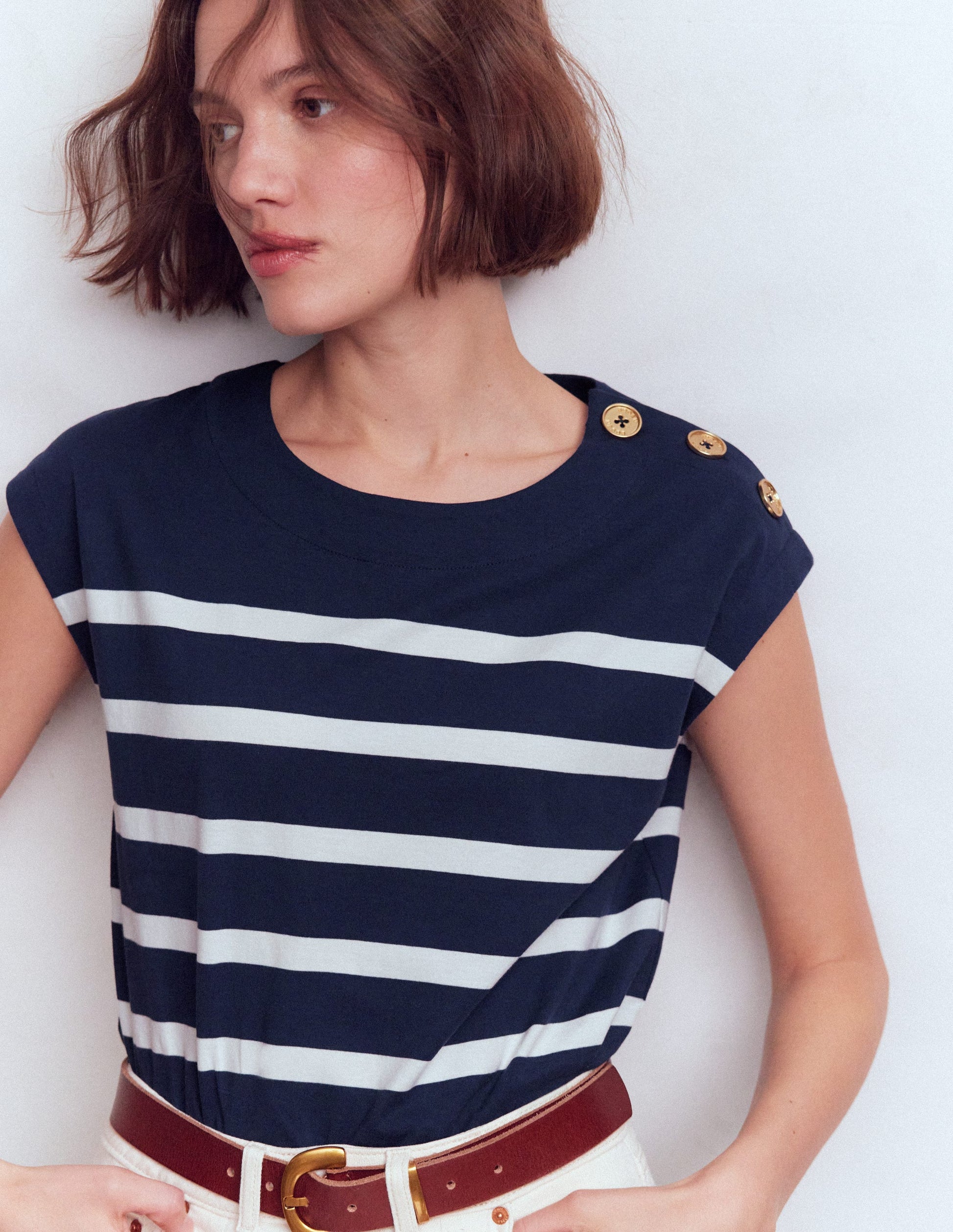 Button Detail T-Shirt-Navy and Ivory Stripe-1