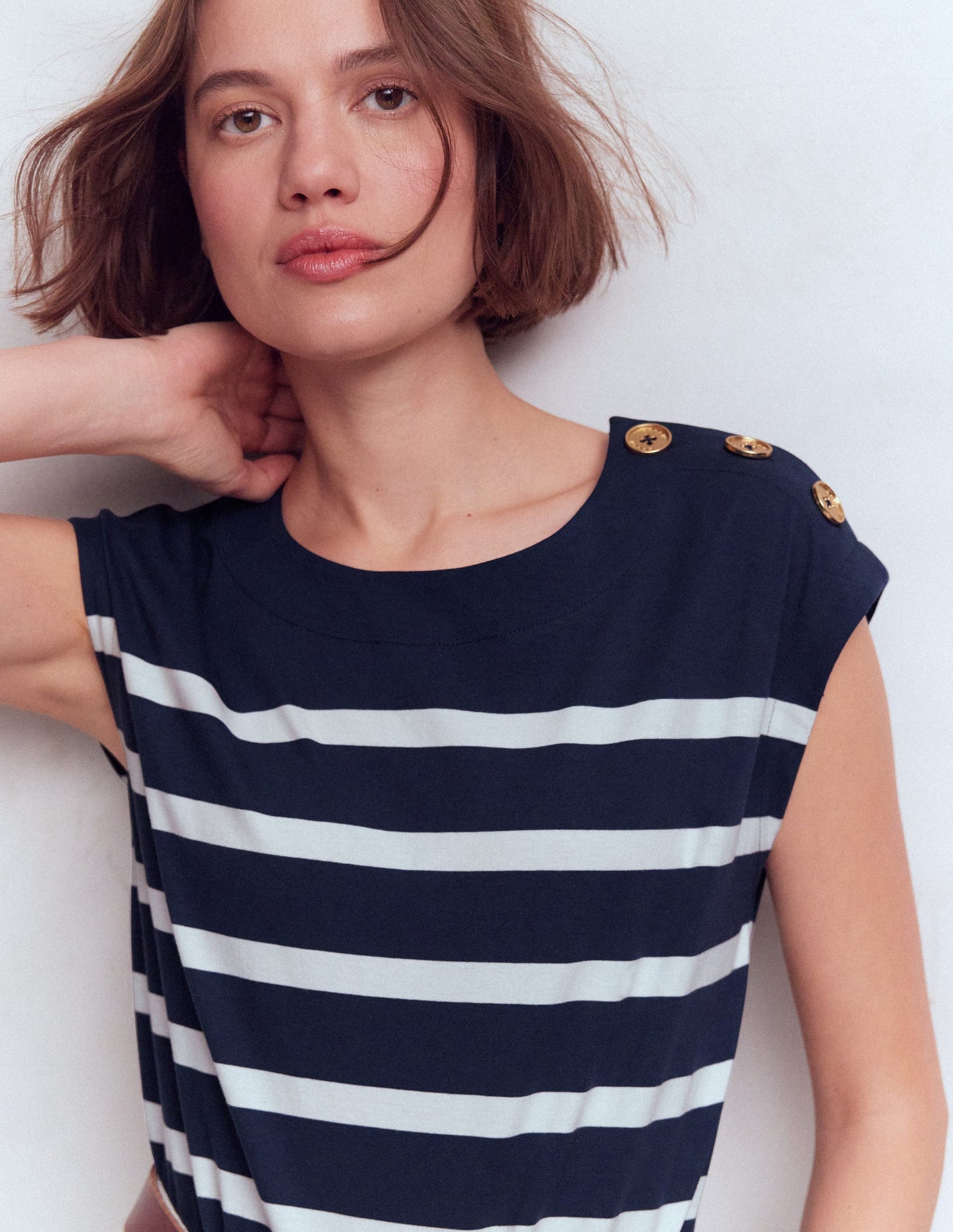 Button Detail T-Shirt-Navy and Ivory Stripe