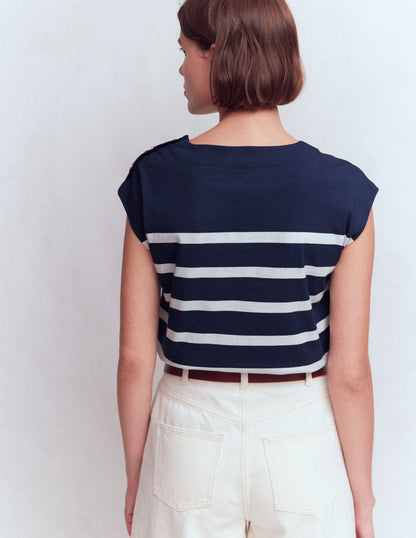Button Detail T-Shirt-Navy and Ivory Stripe-3