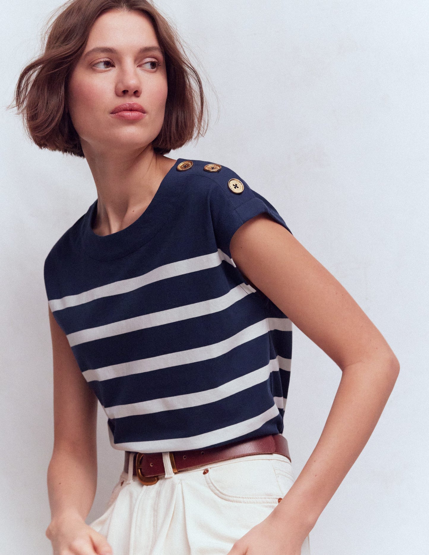 Button Detail T-Shirt-Navy and Ivory Stripe