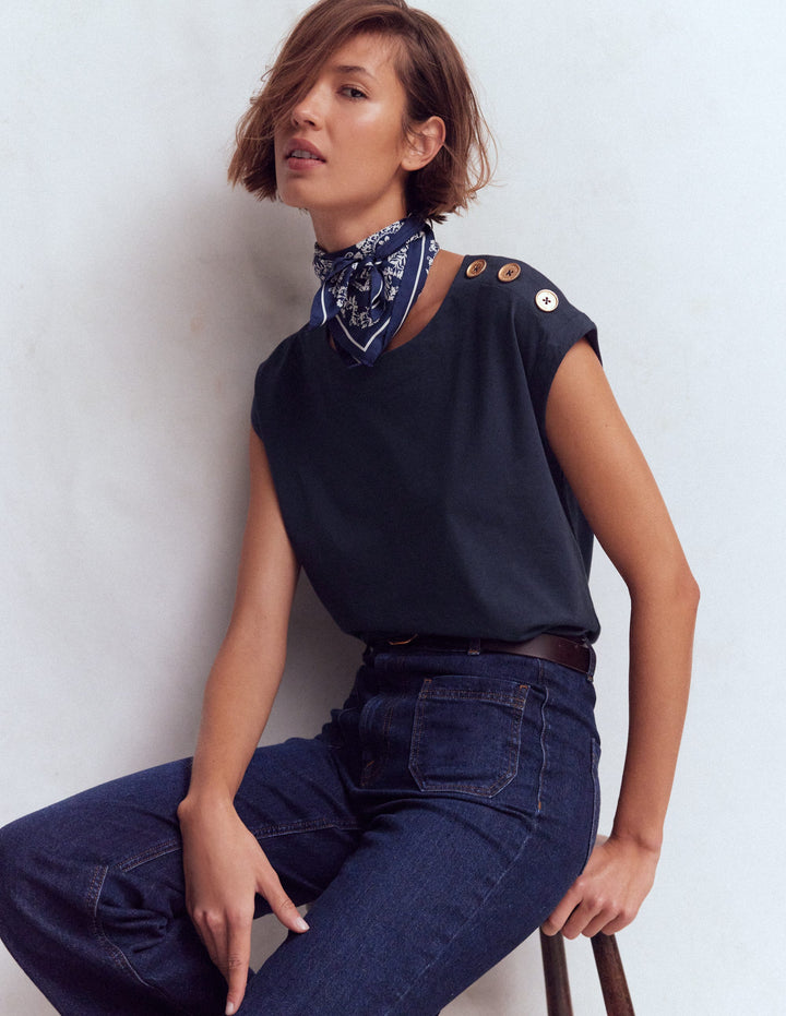 Button Detail T-Shirt-Navy
