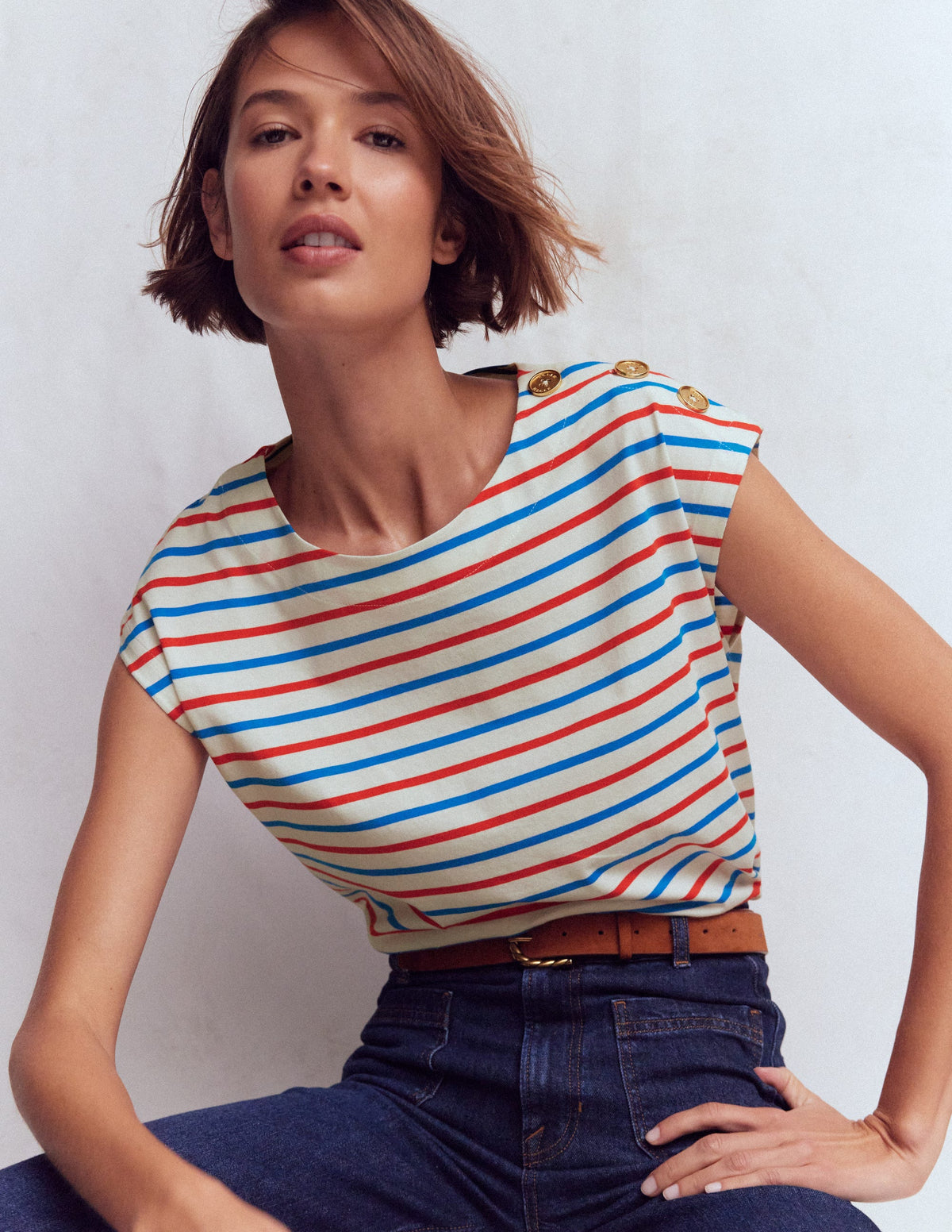 Button Detail T-Shirt-Fire Cracker, King Fisher Blue - Image 1