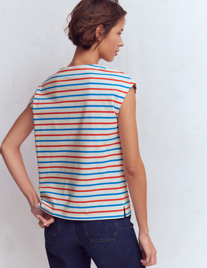 Button Detail T-Shirt-Fire Cracker, King Fisher Blue-3