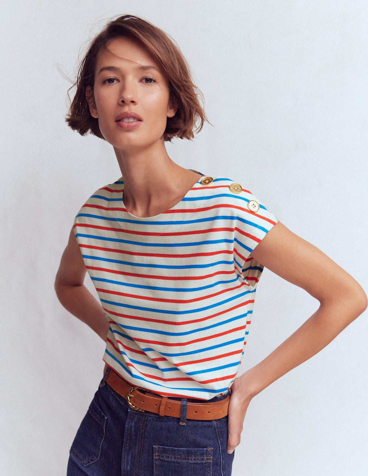 Button Detail T-Shirt-Fire Cracker, King Fisher Blue - Image 4