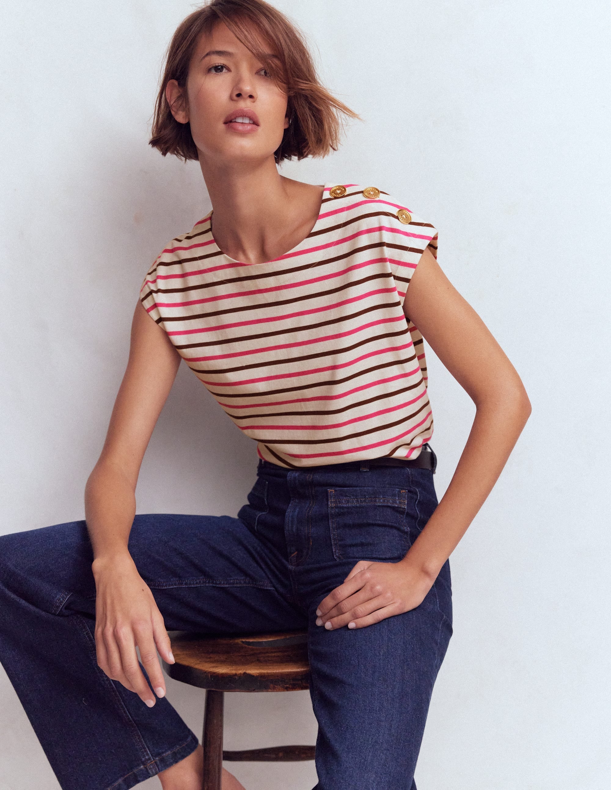 Button Detail T-Shirt-Pink Peony, Raw Umber Stripe - Image 1