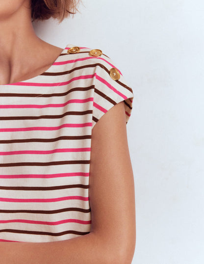 Button Detail T-Shirt-Pink Peony, Raw Umber Stripe-2