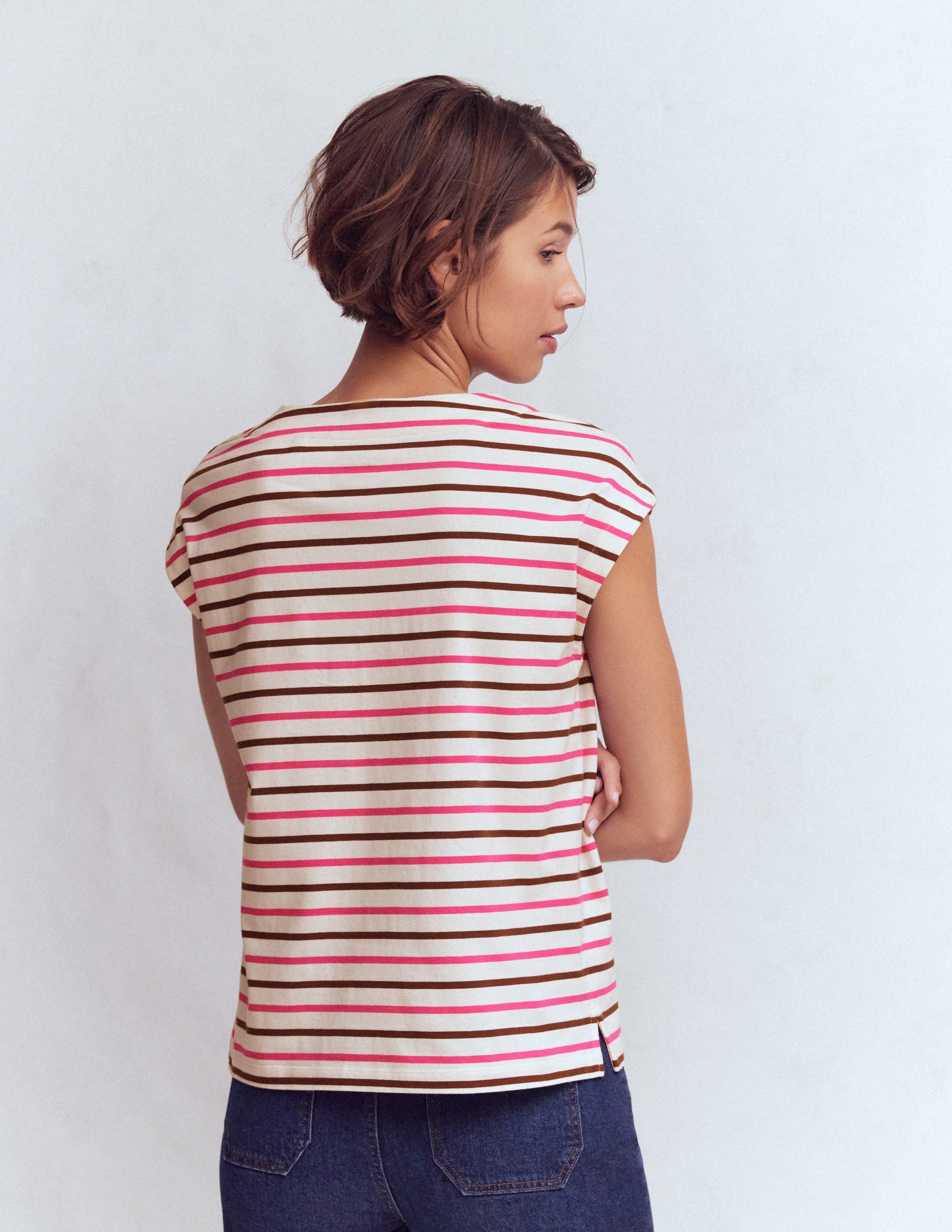 Button Detail T-Shirt-Pink Peony, Raw Umber Stripe - Image 3