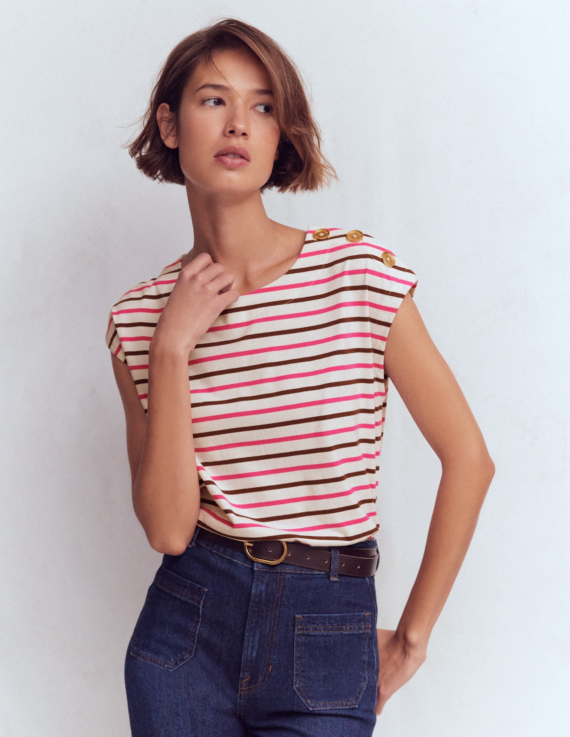 Button Detail T-Shirt-Pink Peony, Raw Umber Stripe - Image 4