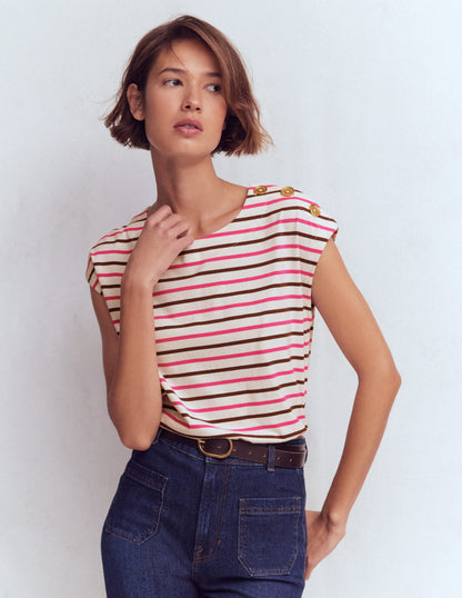 Button Detail T-Shirt-Pink Peony, Raw Umber Stripe-4