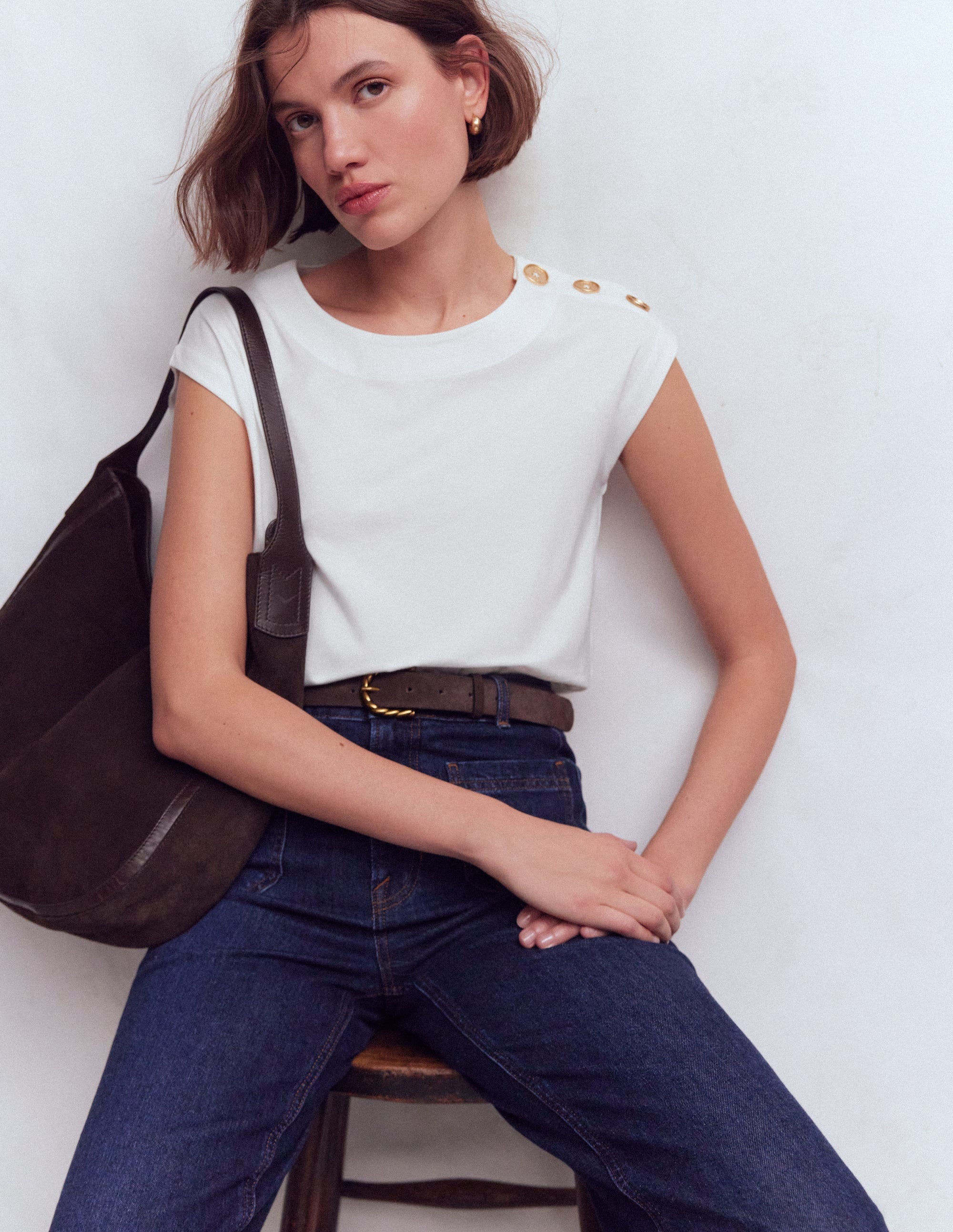 Button Detail T-Shirt-White - Image 1