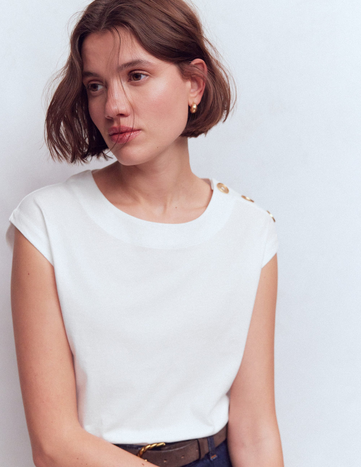 Button Detail T-Shirt-White - Image 2
