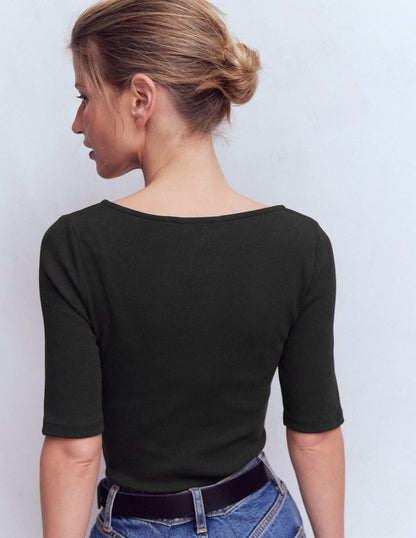 Short Sleeve Rib Henley-Black-3