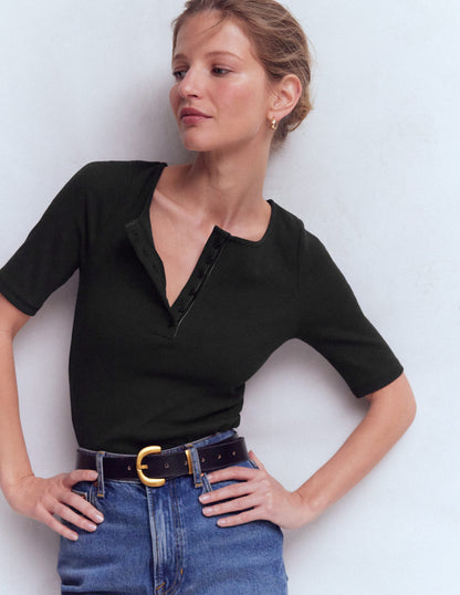 Short Sleeve Rib Henley-Black-4