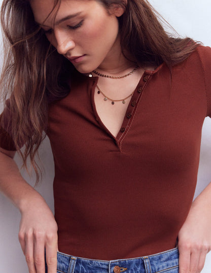 Short Sleeve Rib Henley-Hot Chocolate-2