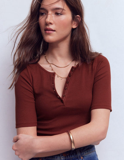Short Sleeve Rib Henley-Hot Chocolate-4