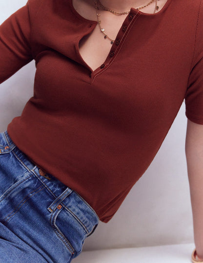 Short Sleeve Rib Henley-Hot Chocolate-5