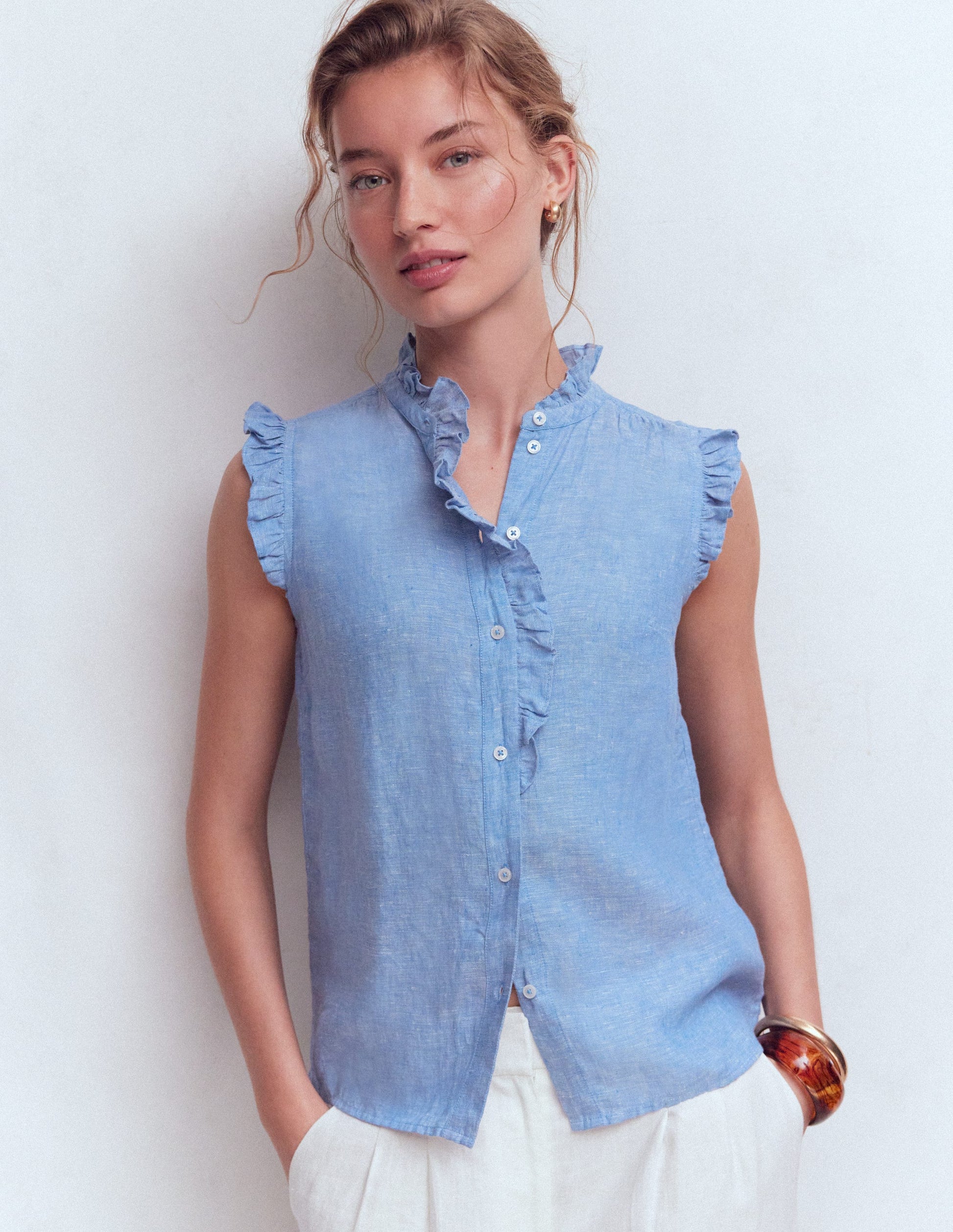 Isabel Sleeveless Linen Top-Blue Chambray-5