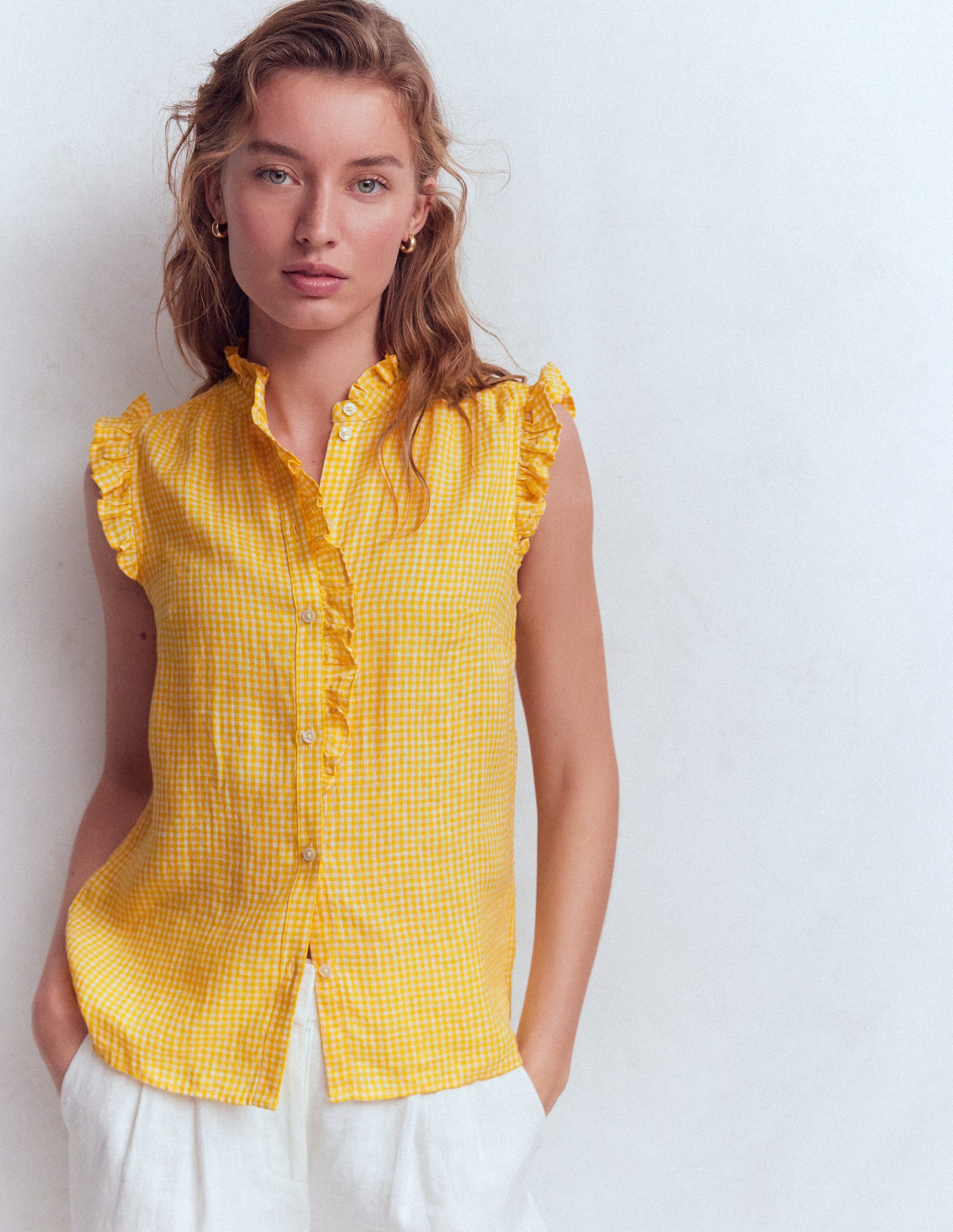 Isabel Sleeveless Linen Top-French Marigold Micro Gingham-5