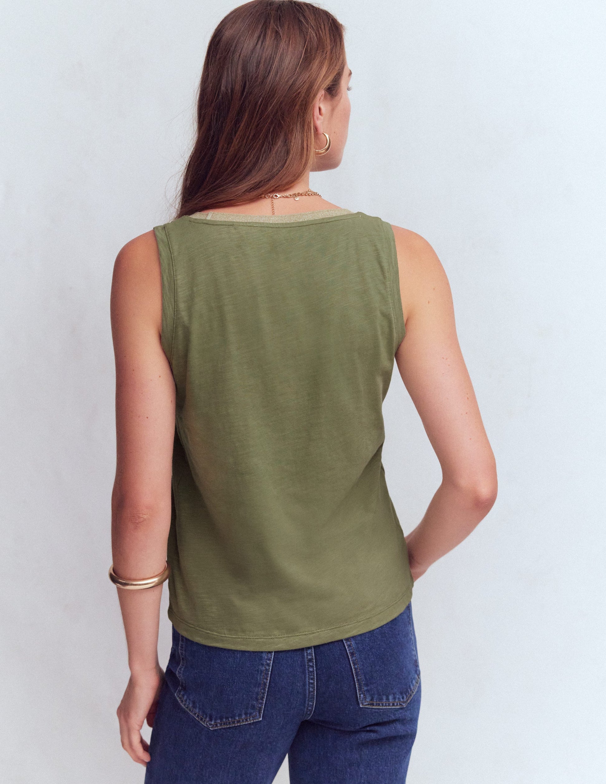 Metallic Trim Scoop Neck Vest-Larch Green-3